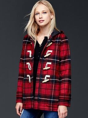 GAP Wool Blend Red and Black Plaid Hooded Toggle Coat